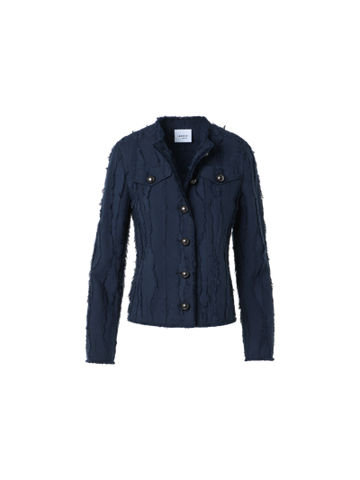 Designer Fringed Wave Jacquard Cotton Jacket - navy - blue