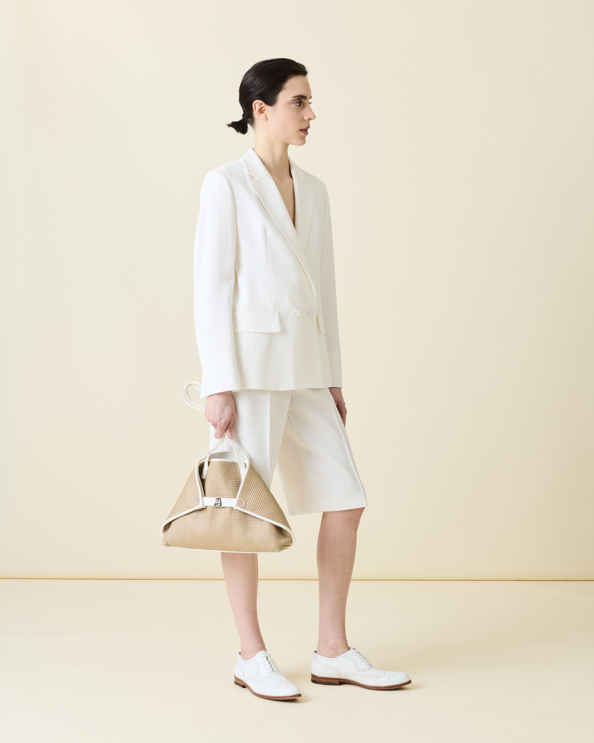 Designer Double-Breasted Blazer in Silk Shantung  - neutral - white #editorial