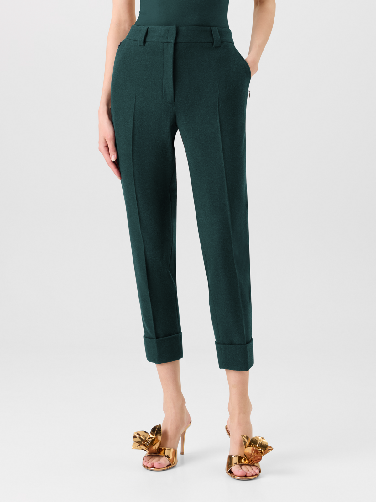 Designer Cuffed Tapered Flannel Pants - green 