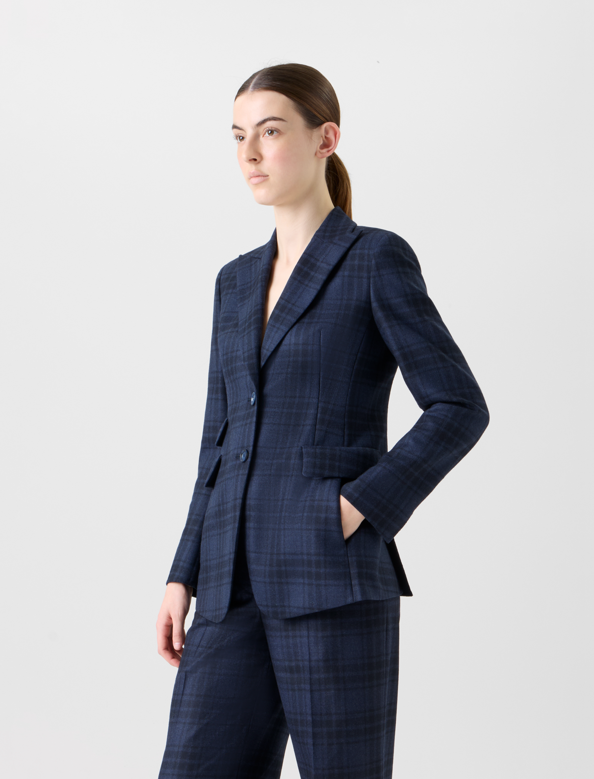 Designer Long Double-Face Plaid Blazer Jacket - neutral - navy - blue #editorial
