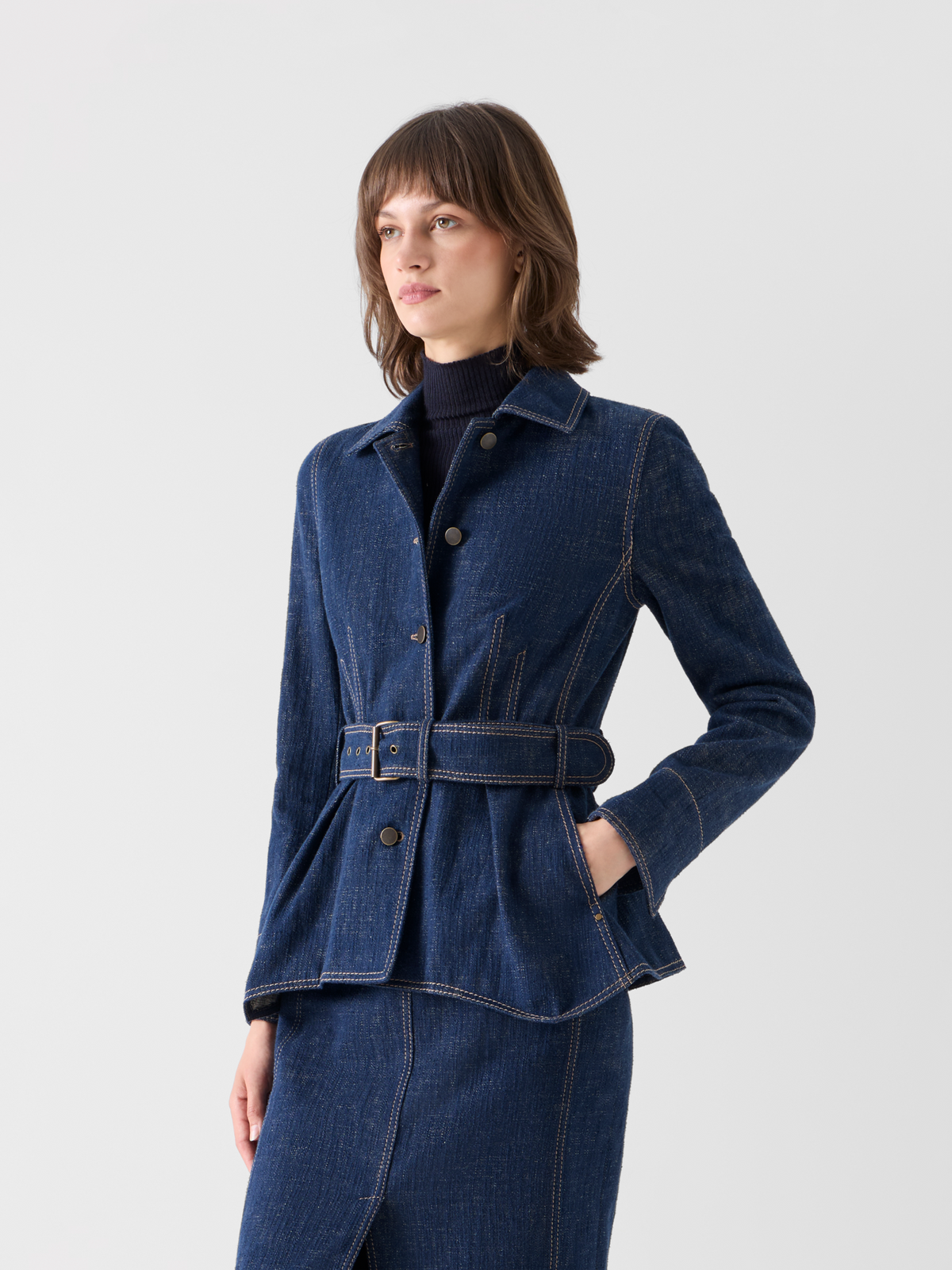 Designer Belted Jacket in Brushed Winter Denim - navy #editorial
