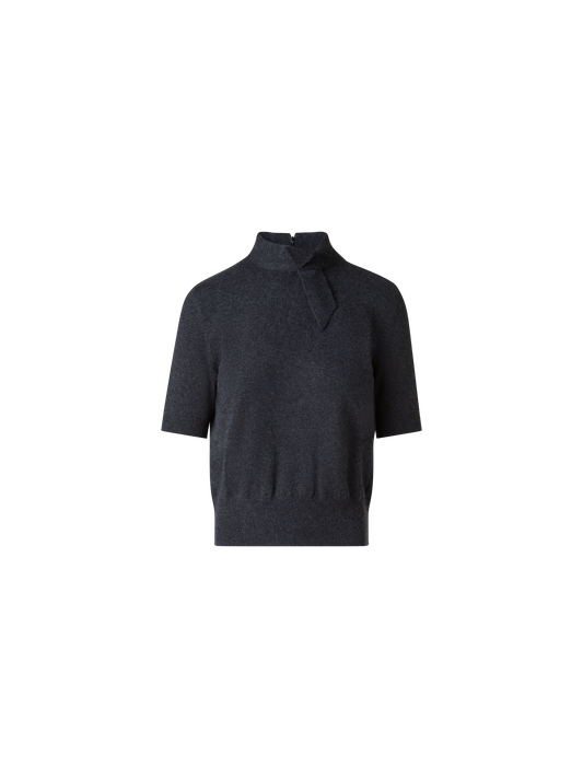 Designer Short Sleeve Cashmere Sweater with Knot Detail - grey