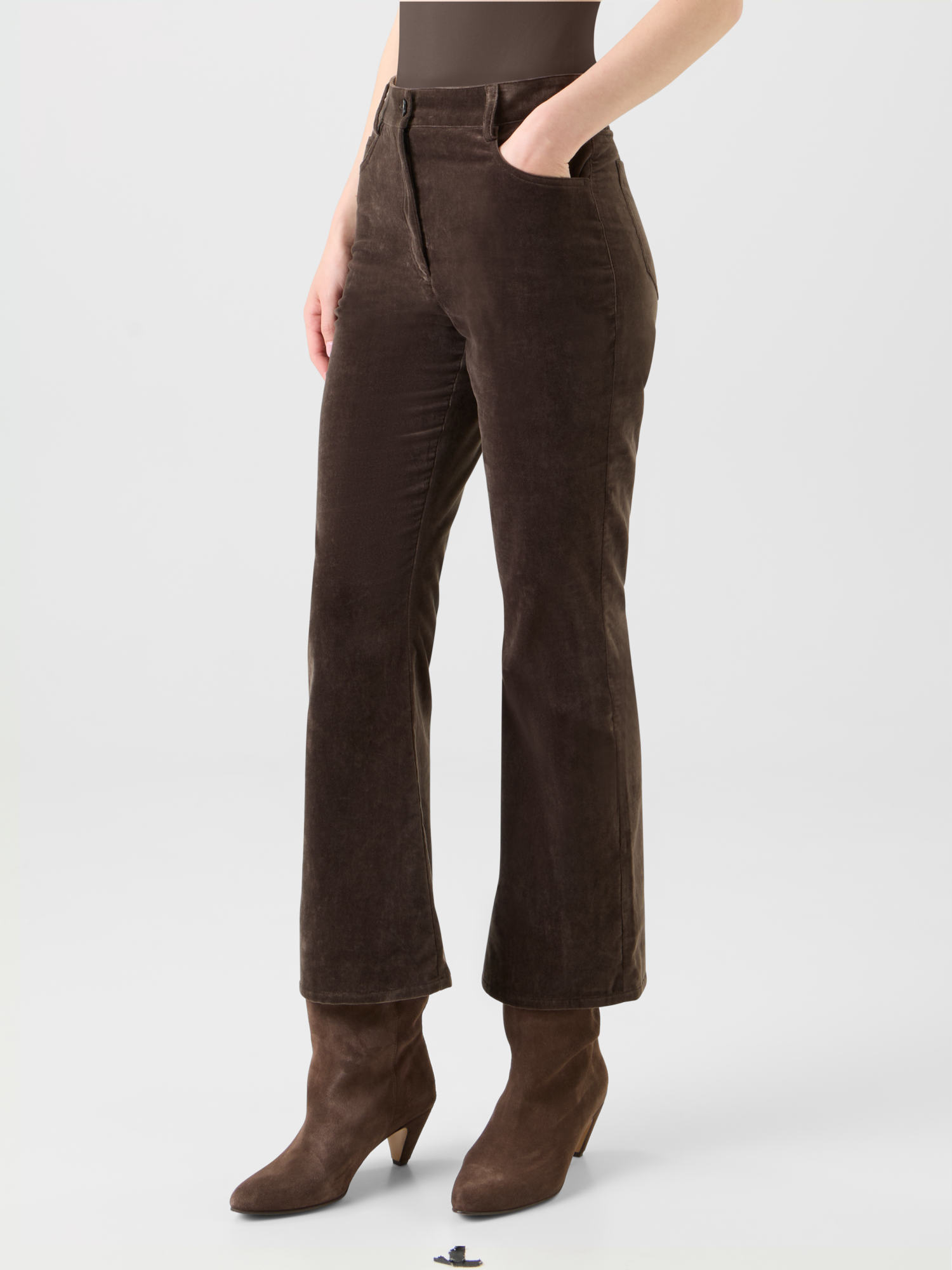 Designer Cropped Bootcut Stretch Cotton Velvet Pants - neutral - brown 