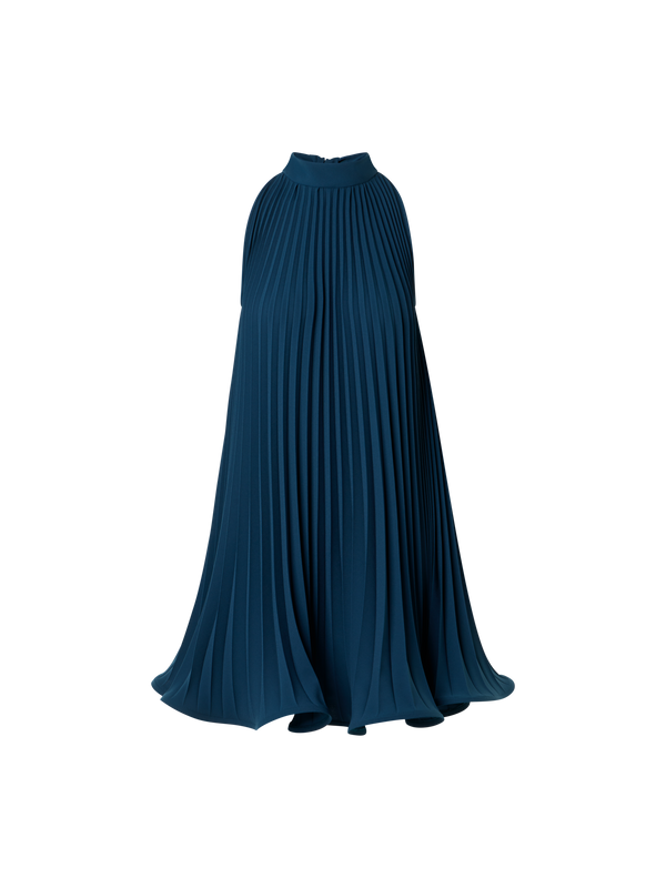 Designer A-Line Plissé Halter Mini Dress - navy