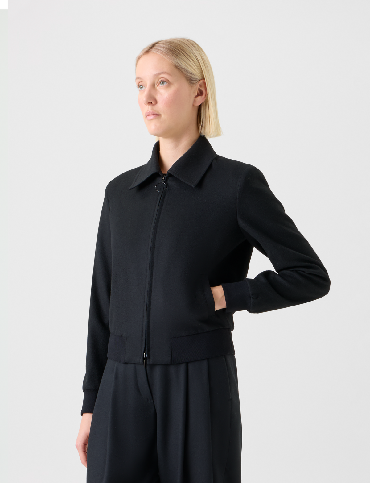 Designer Short Wool Cashmere Bomber Jacket - black - neutral #editorial