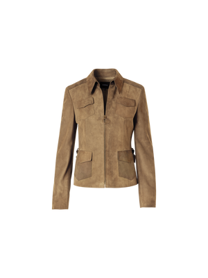 Designer Long-Sleeve Suede Leather Jacket - beige