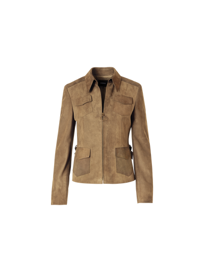 Designer Long-Sleeve Suede Leather Jacket - beige