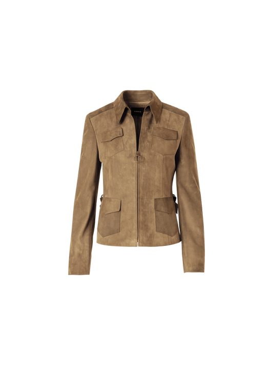 Designer Long-Sleeve Suede Leather Jacket - beige