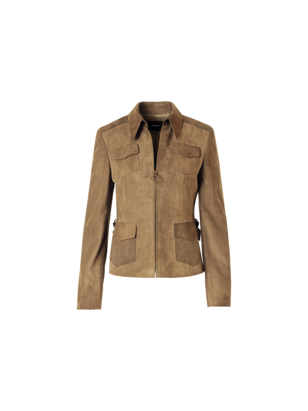 Designer Long-Sleeve Suede Leather Jacket - beige