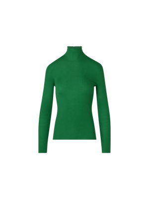 Designer Fine Rib Cashmere Silk Mock Neck Sweater - green