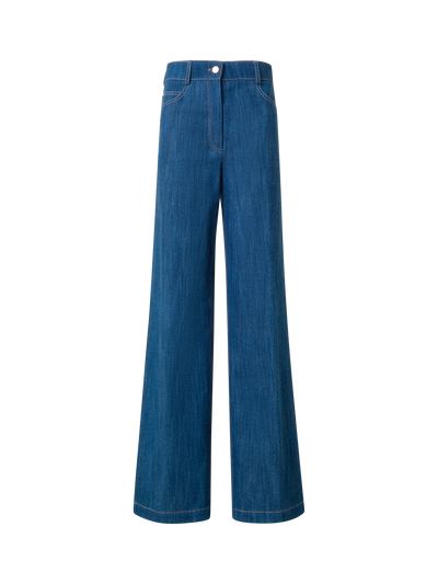 Designer Wide Cotton Denim Stretch Pants - blue