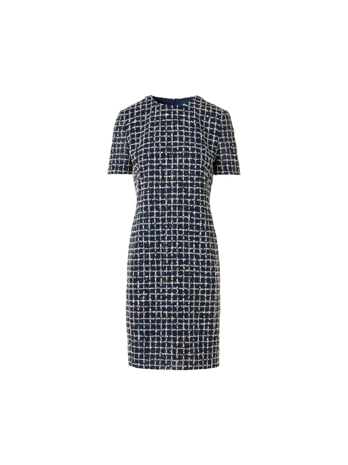 Designer Short-Sleeve Tweed Check Sheath Dress - blue