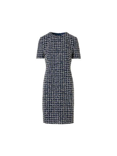 Designer Short-Sleeve Tweed Check Sheath Dress - blue