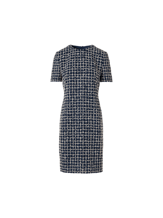 Designer Short-Sleeve Tweed Check Sheath Dress - blue