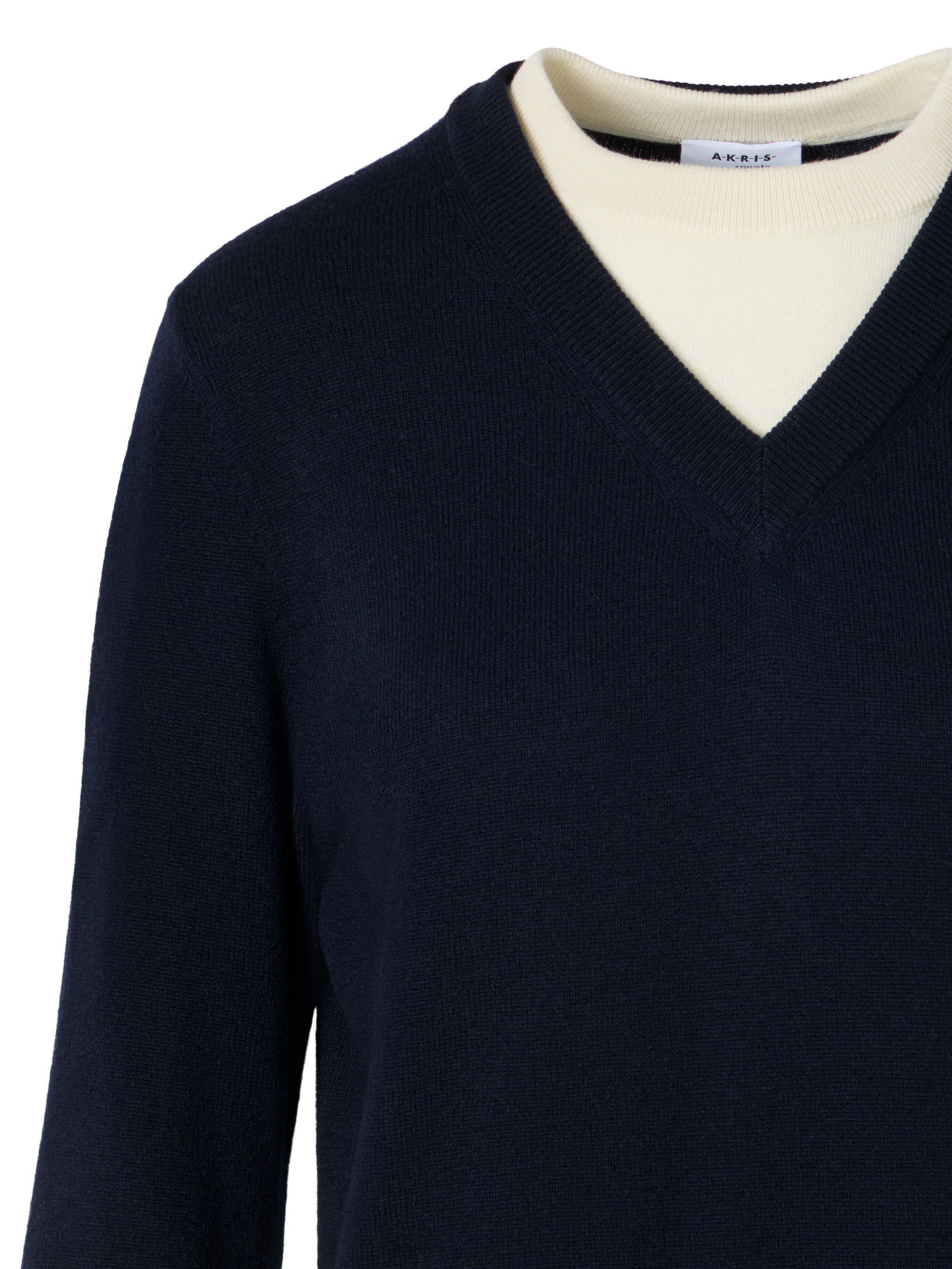 Designer Wool Cashmere Sweater with V-Neck Trompe l'Oeil - navy
