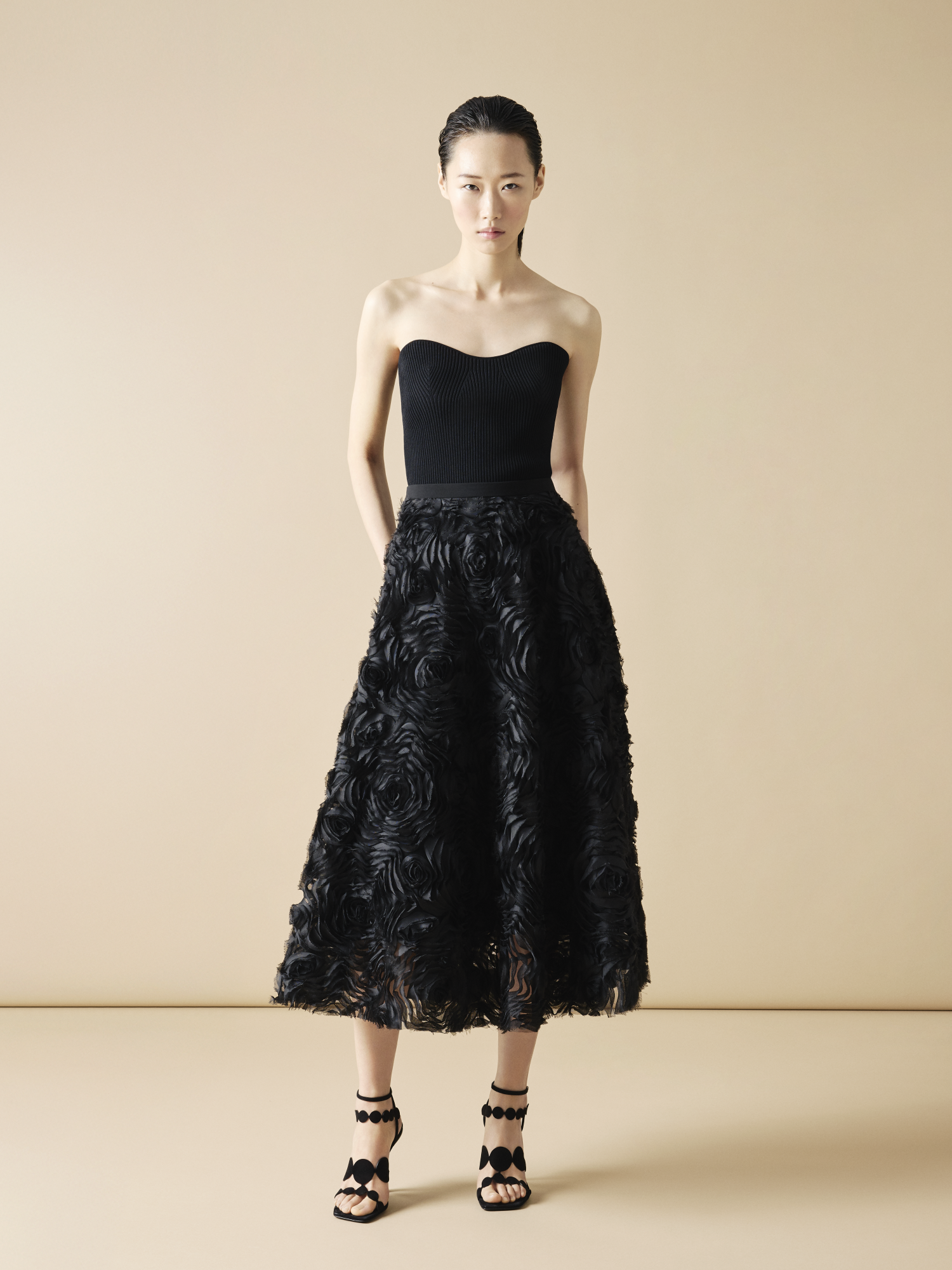 Designer A-Line Midi Skirt with 3D Carnation Embroidery - black 