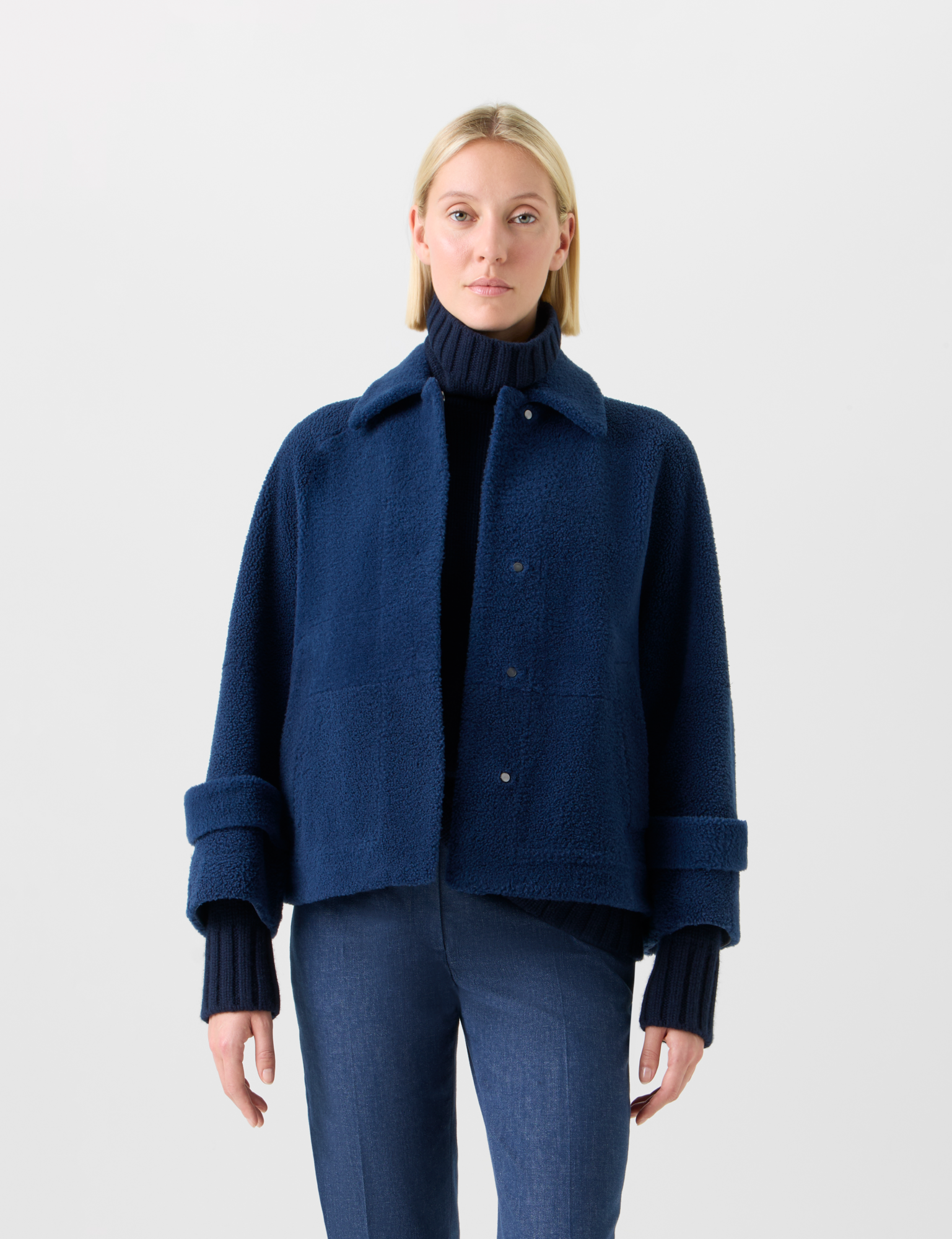 Designer Short A-Line Shearling Jacket - neutral - navy - blue 