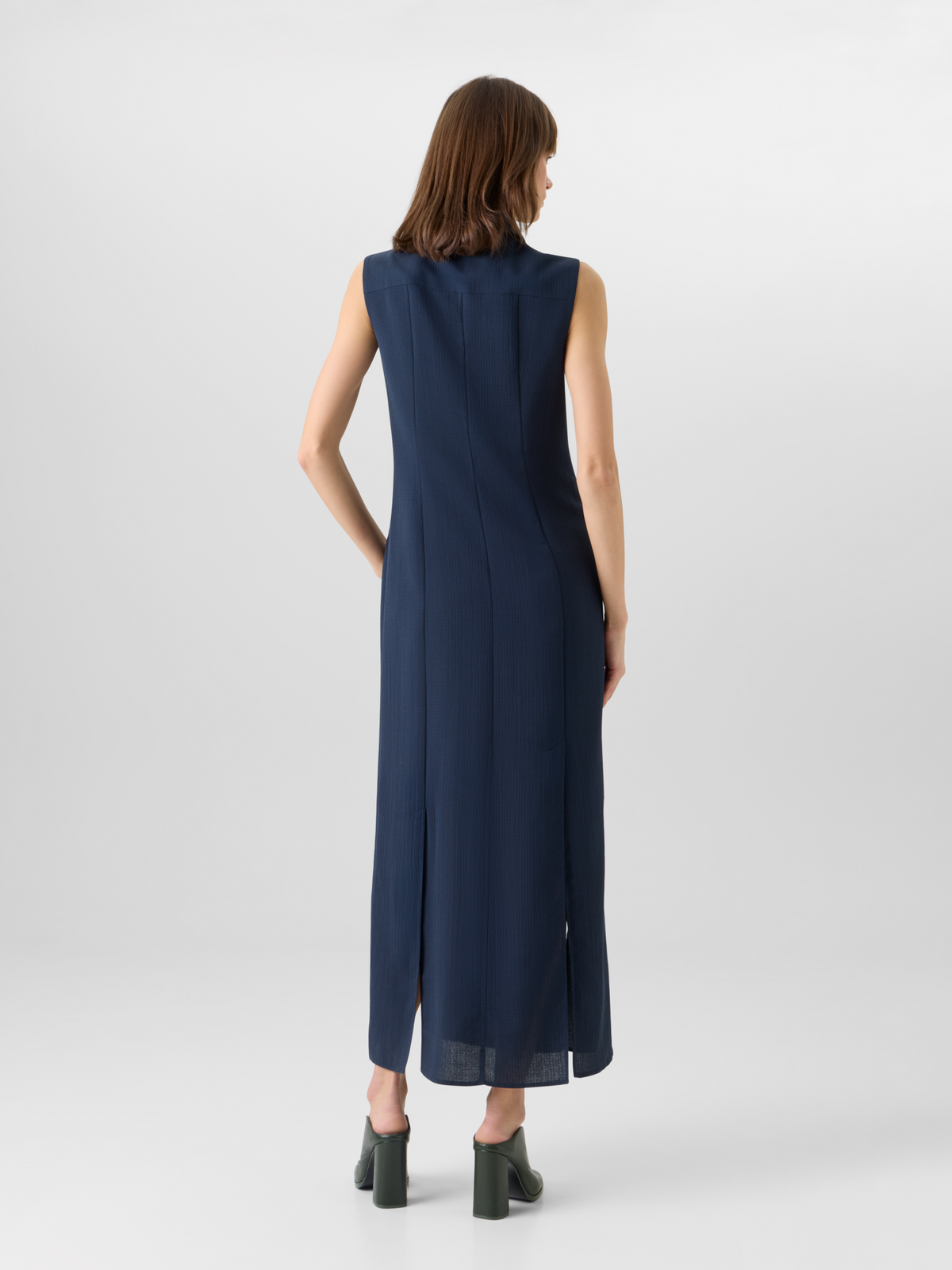 Designer Sleeveless Structured Cotton-Silk Double-Face Midi Shirt Dress - blue #editorial