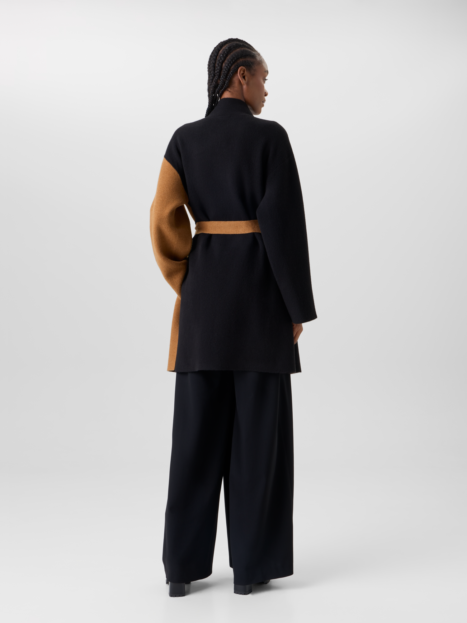 Designer Color Block Cashmere Double-Face Knit Coat - brown - multicolor - black 