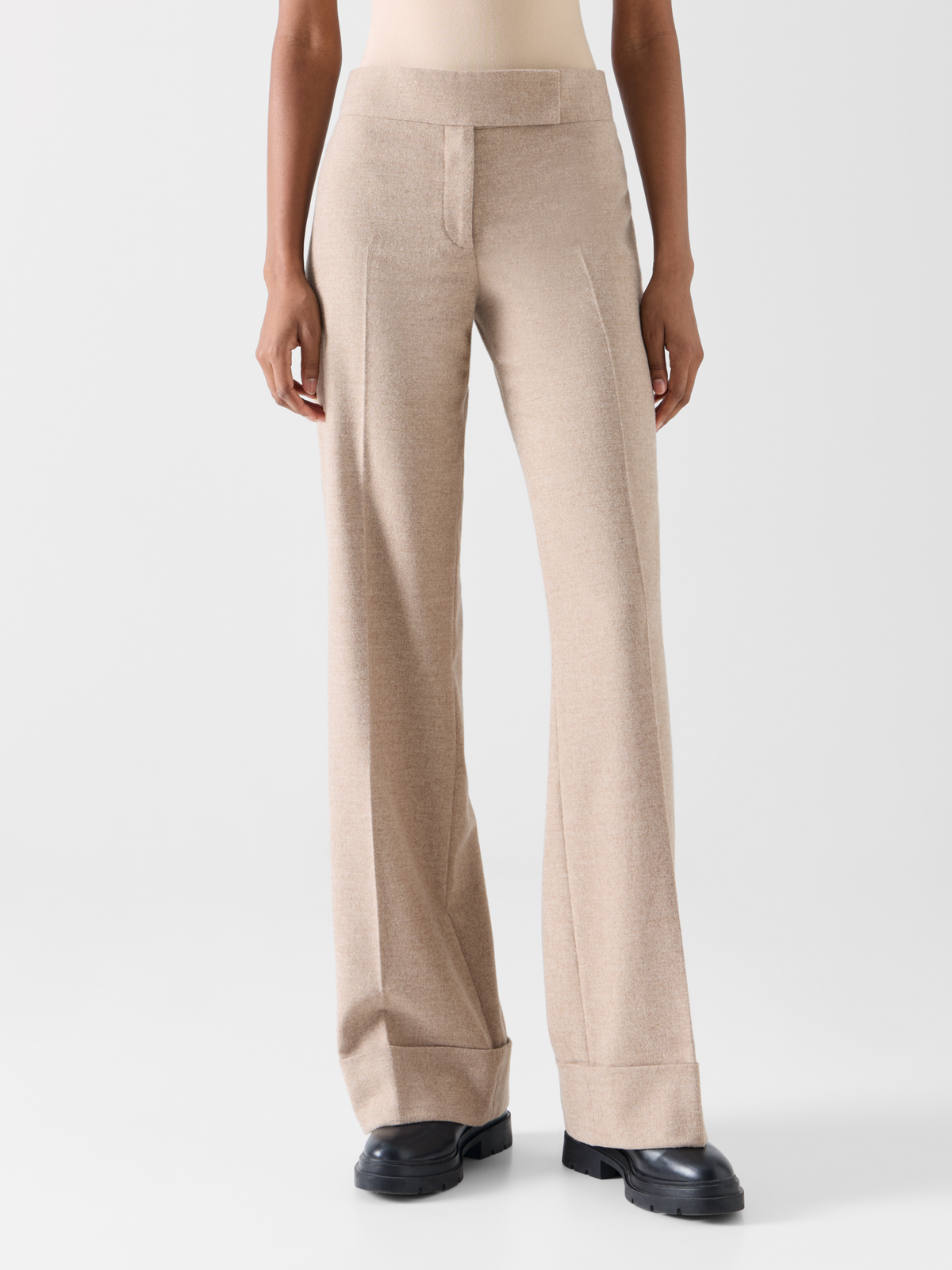 Designer Wide Leg Wool Flannel Pants with High Cuff - beige #editorial