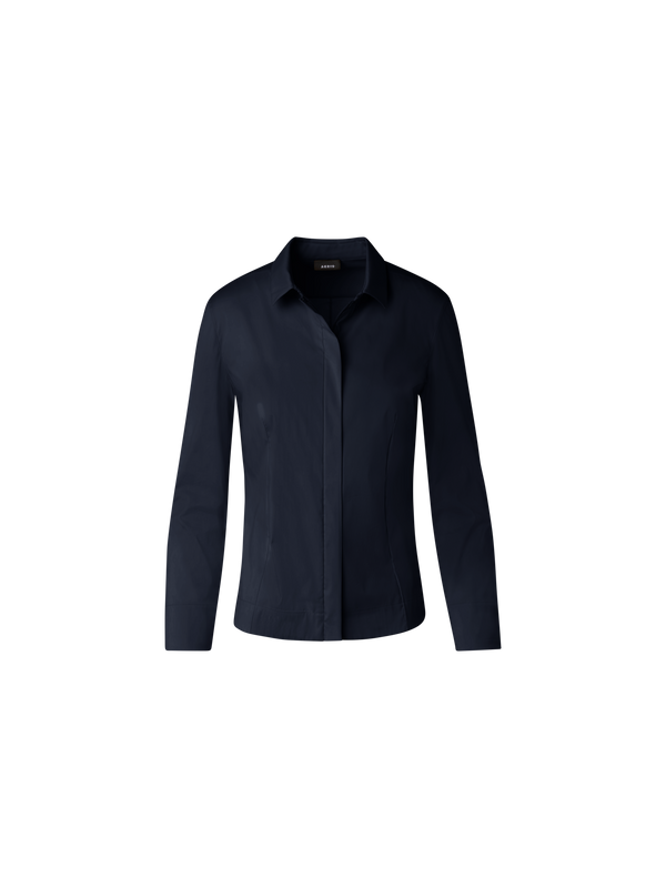 Designer Tailored Stretch Cotton Poplin Blouse - navy - blue
