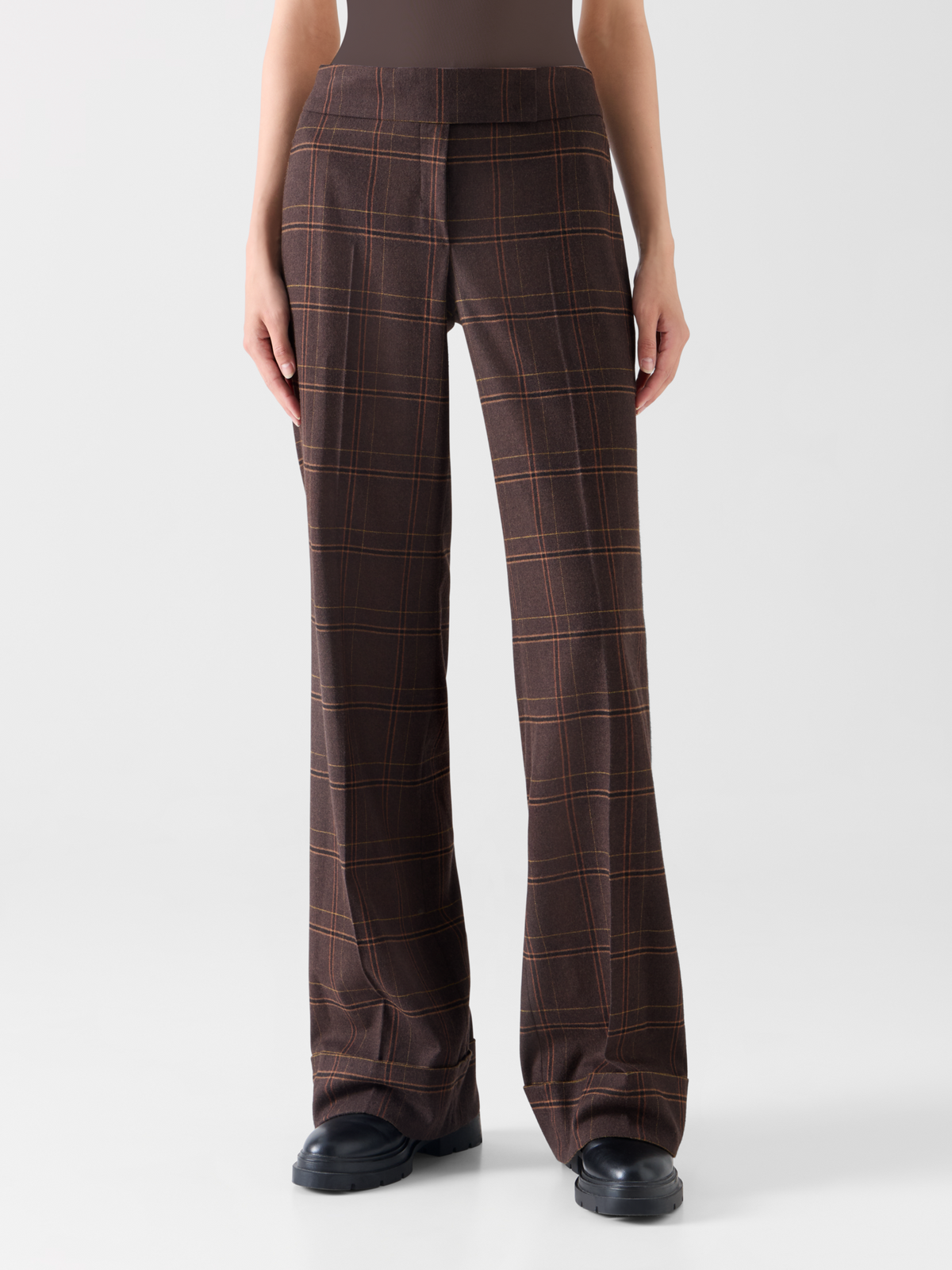 Designer Wide Leg Check Flannel Pants - brown 