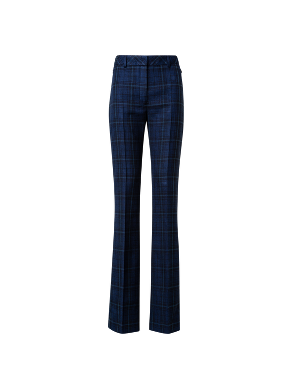 Designer Slight Bootcut Silk Cotton Check Pants - navy - blue