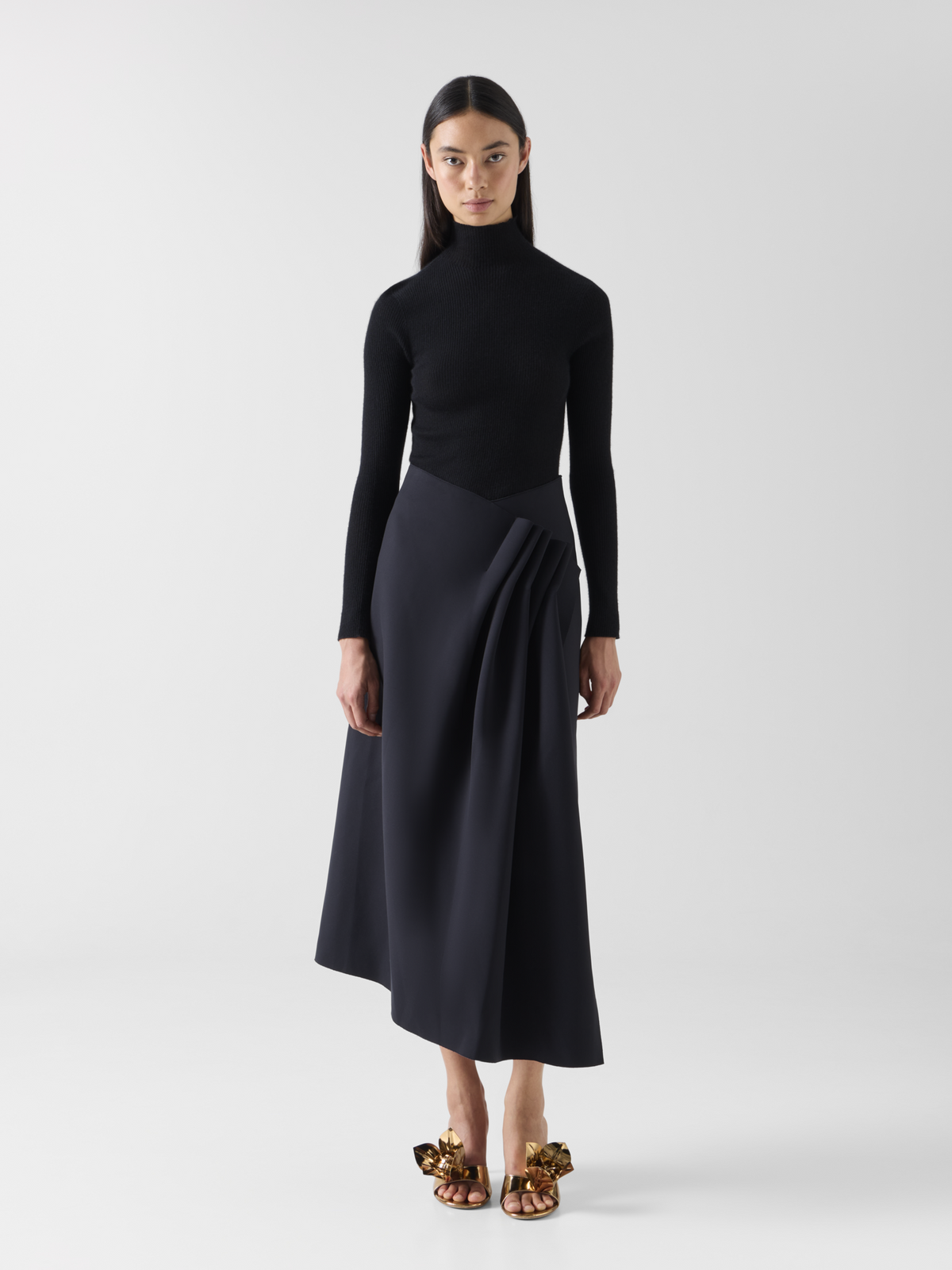 Designer Midi Skirt in Neoprene with Front Draping - black #editorial