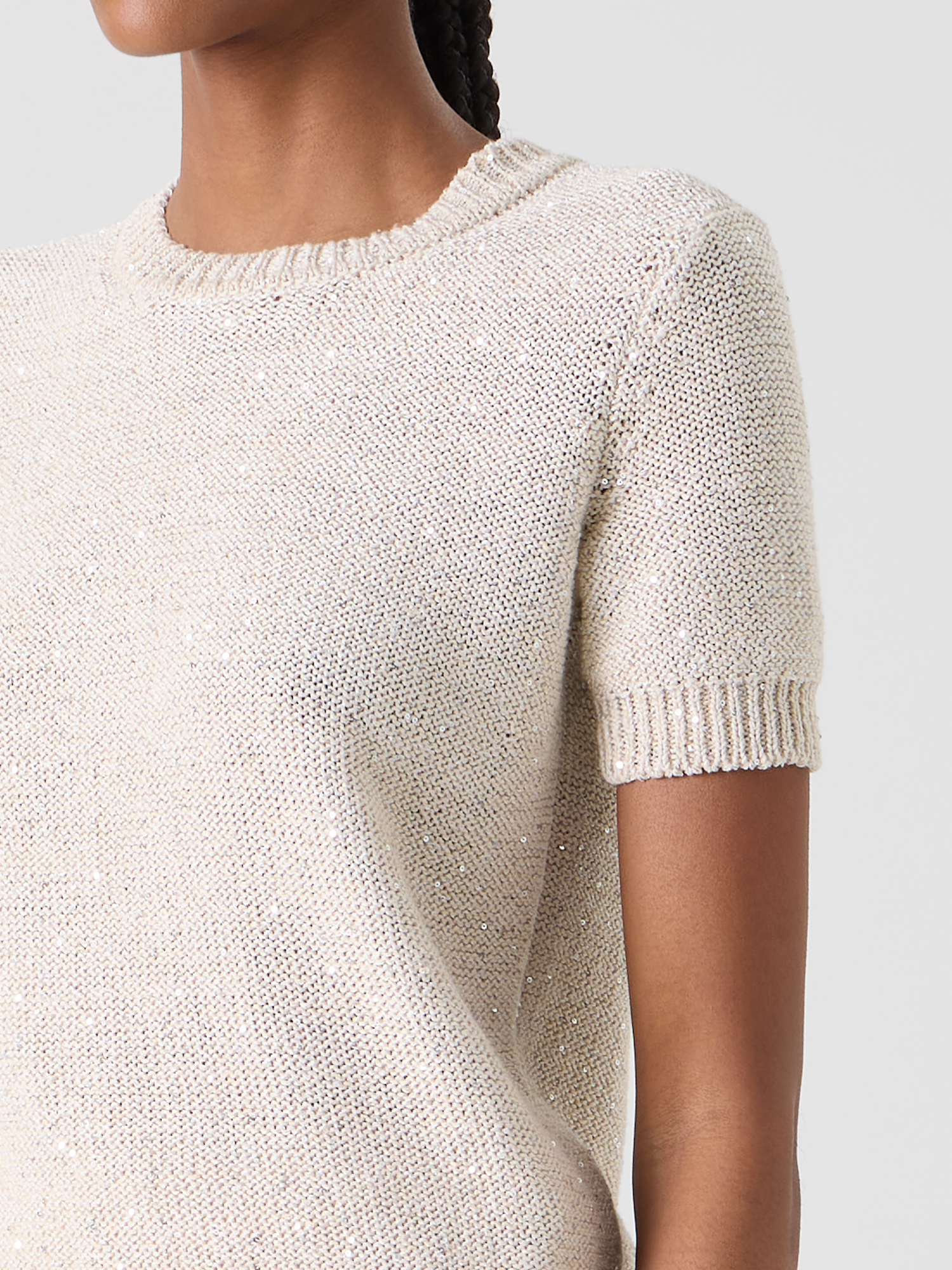 Designer Sequined Short Sleeve Linen Cotton Sweater - neutral - beige 