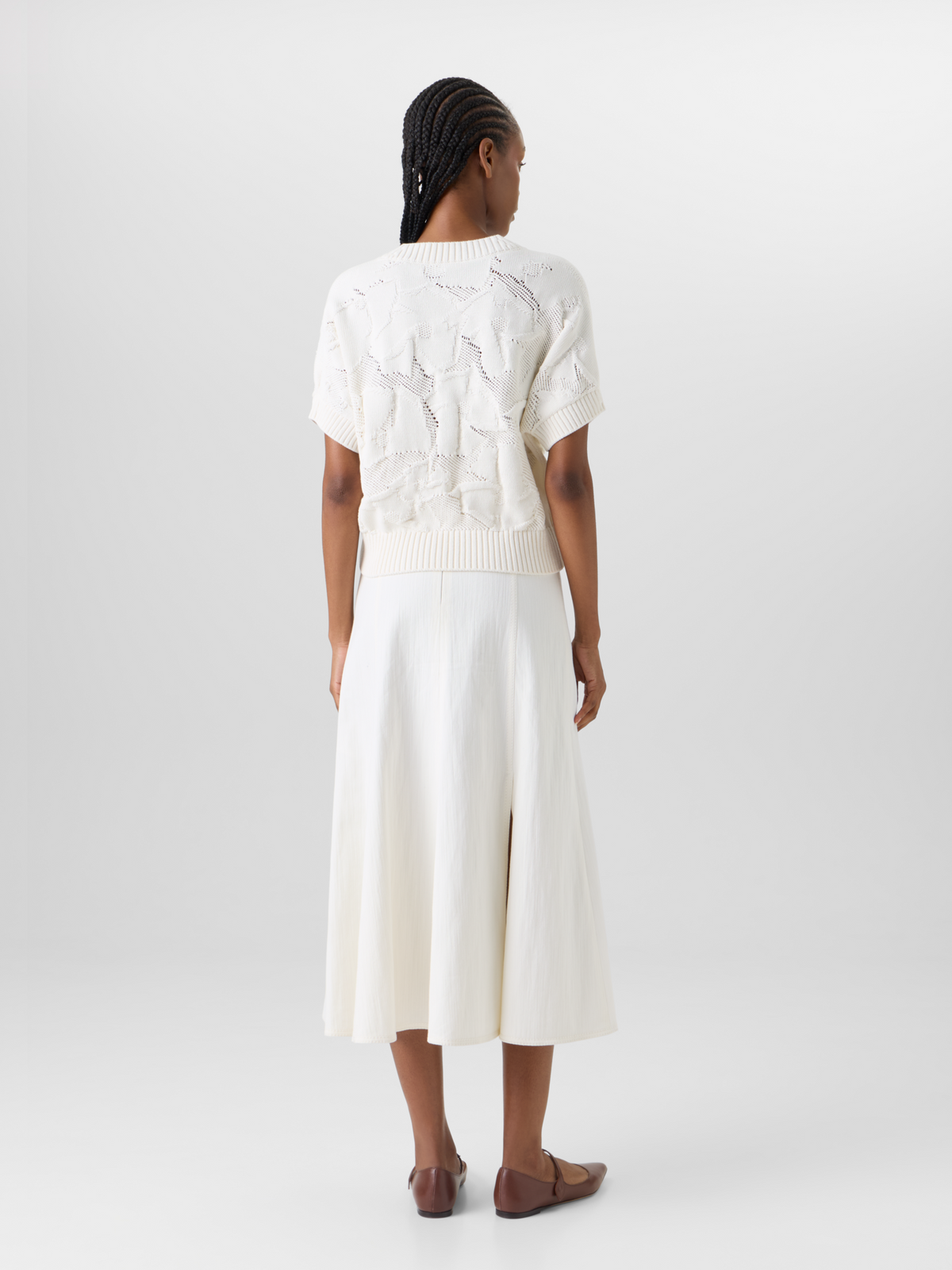 Designer Short-Sleeve Chunky Cotton Ajouré Knit Sweater - ecru #editorial