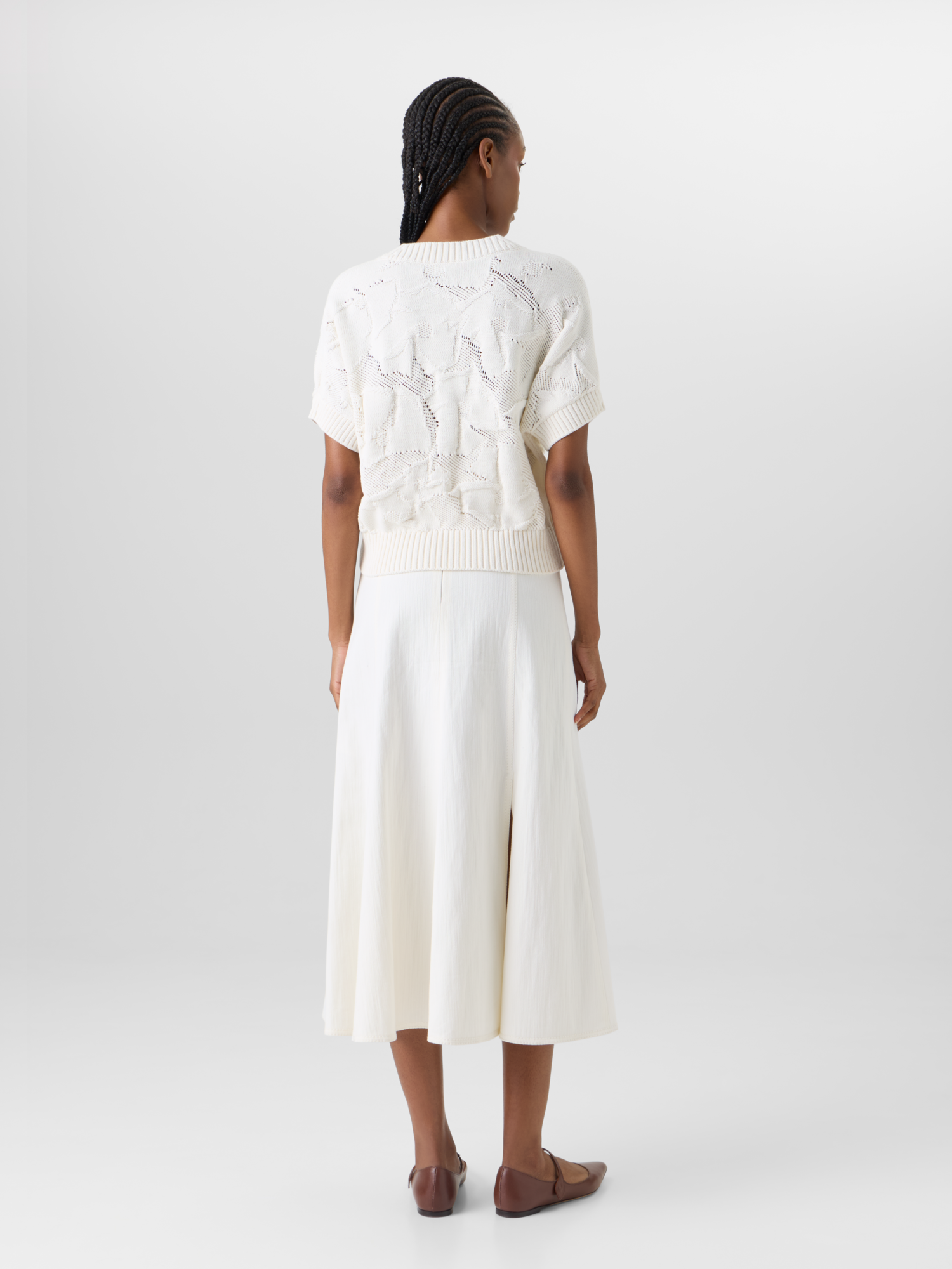 Designer Short-Sleeve Chunky Cotton Ajouré Knit Sweater - ecru 