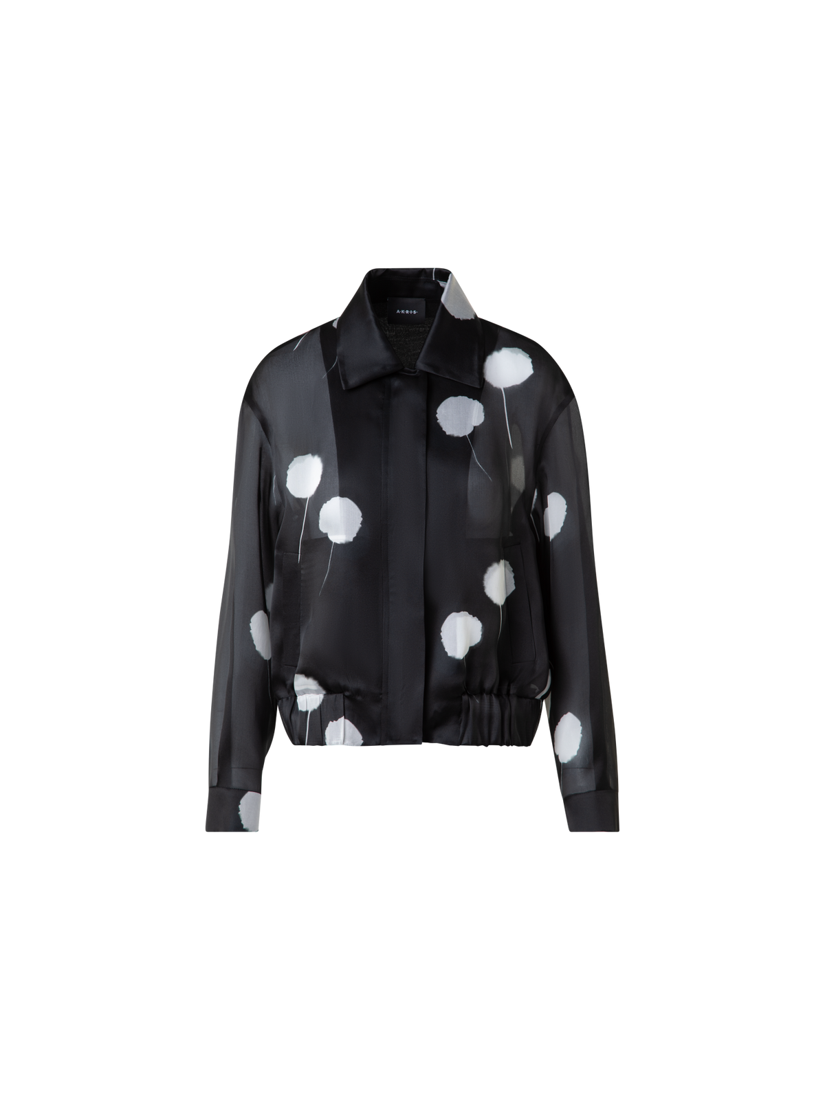 Designer Bomber Jacket in Silk with Dandelion Print - black - multicolor
