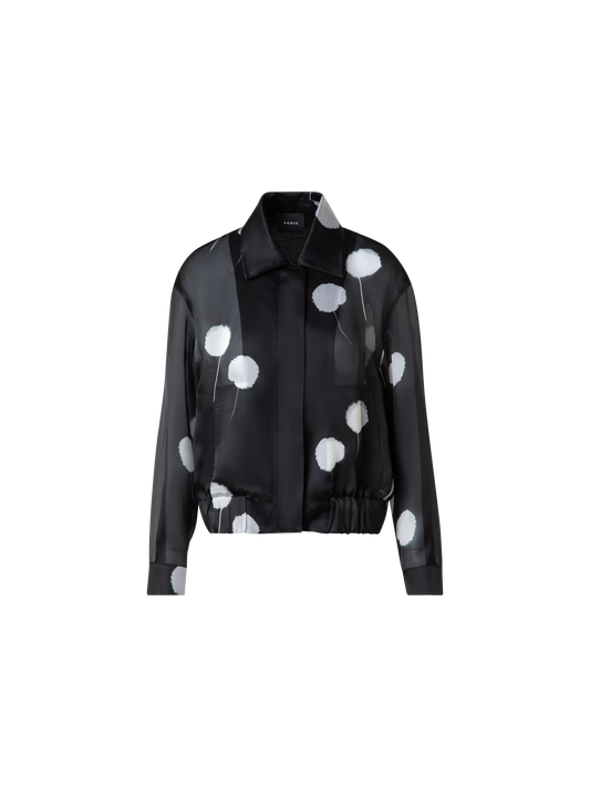 Designer Bomber Jacket in Silk with Dandelion Print - black - multicolor