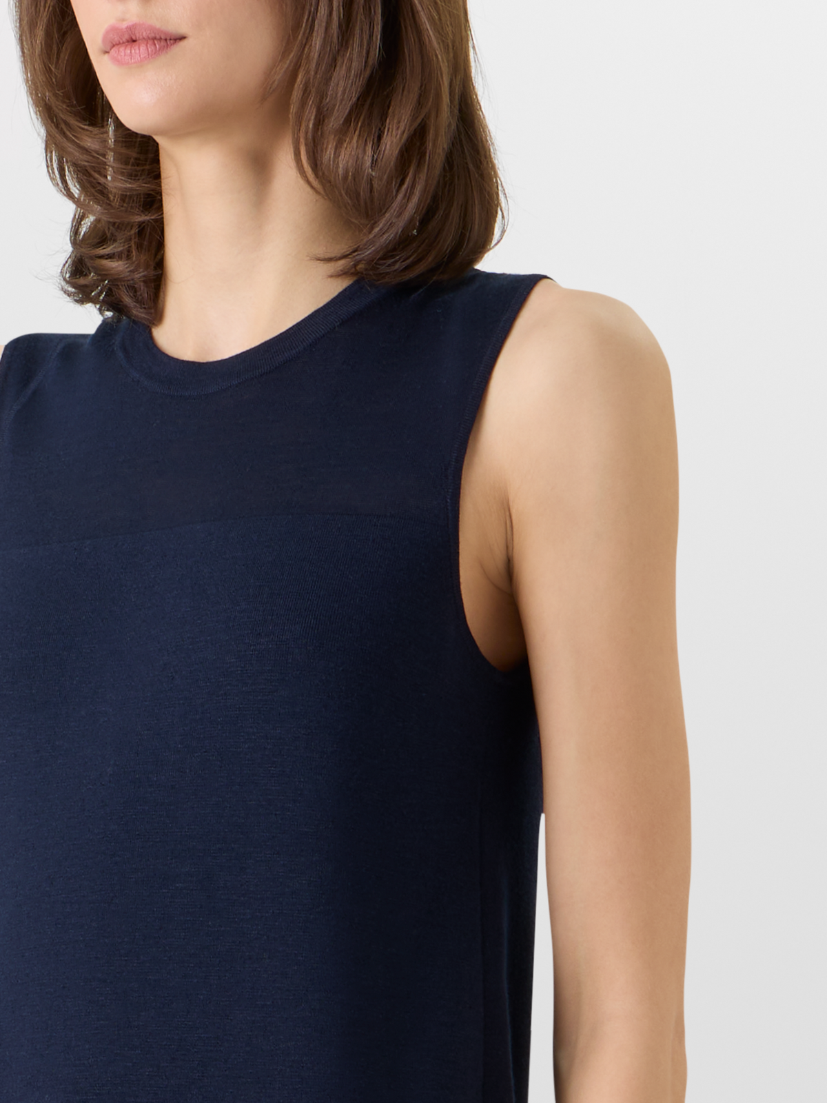 Designer Sleeveless Stretch Linen-Silk Knit Sheath Dress - navy #editorial