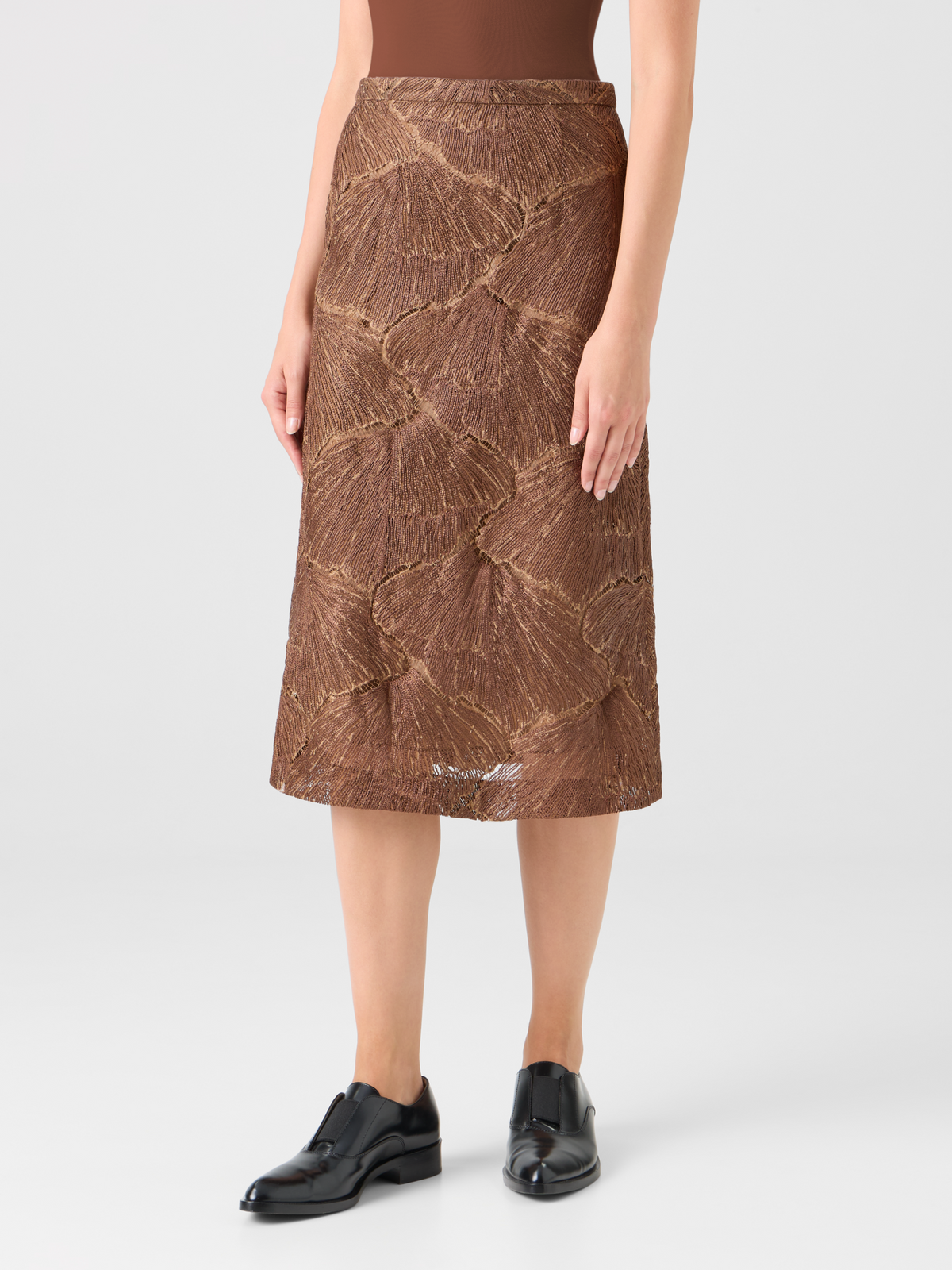 Designer Techno Lacquered Sea Fan Lace A-Line Skirt - brown #editorial