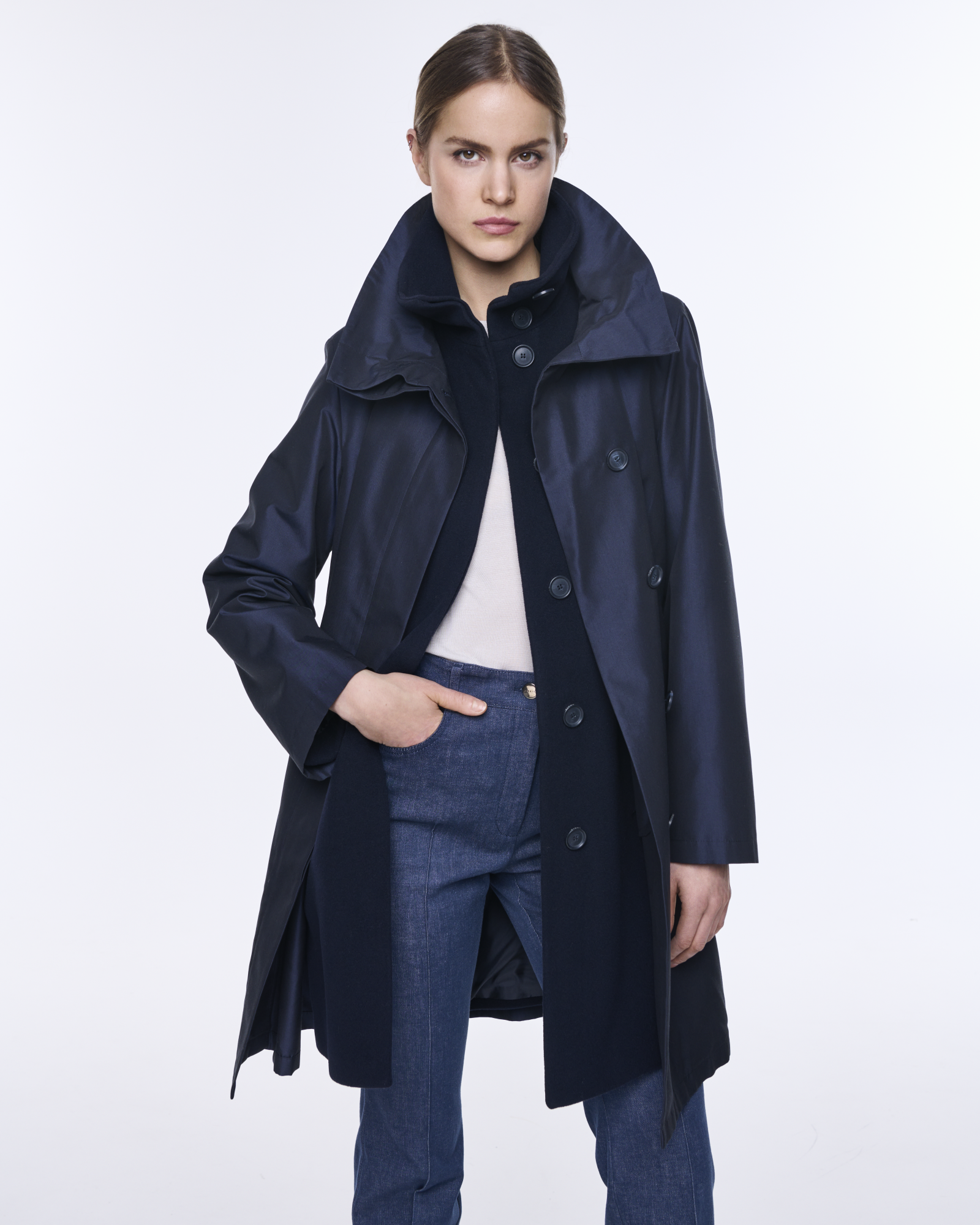 Designer Layered Wool Coat with Removable Silk Layer - navy - blue 