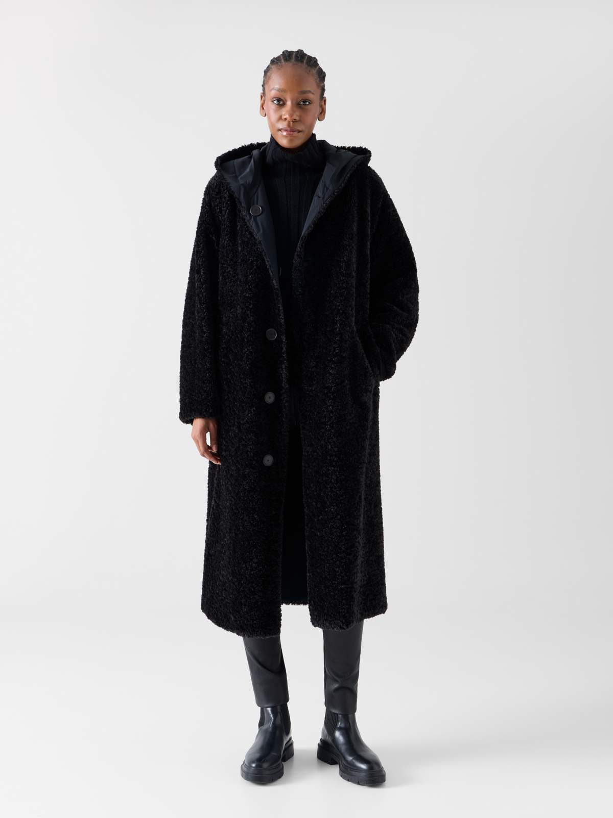 Designer Reversible Oversize Hooded Faux Fur Coat - black 