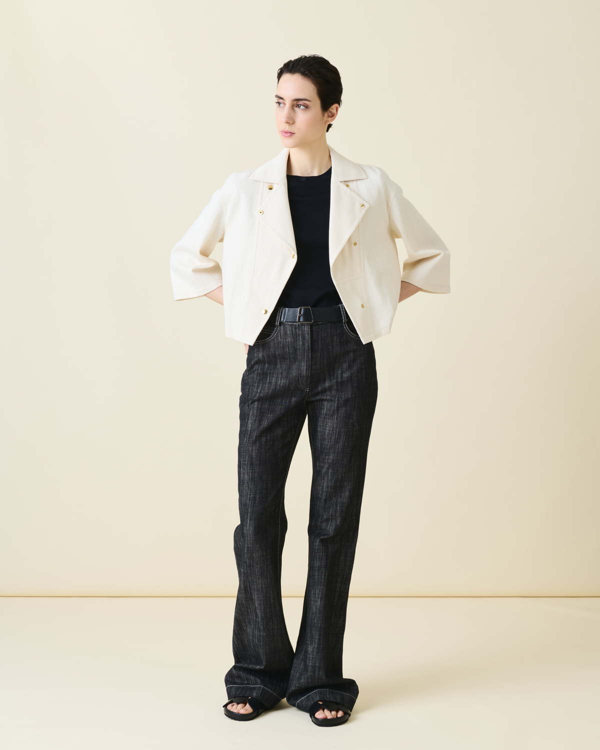Designer Flared Cotton Denim Pants - black - navy - blue #editorial