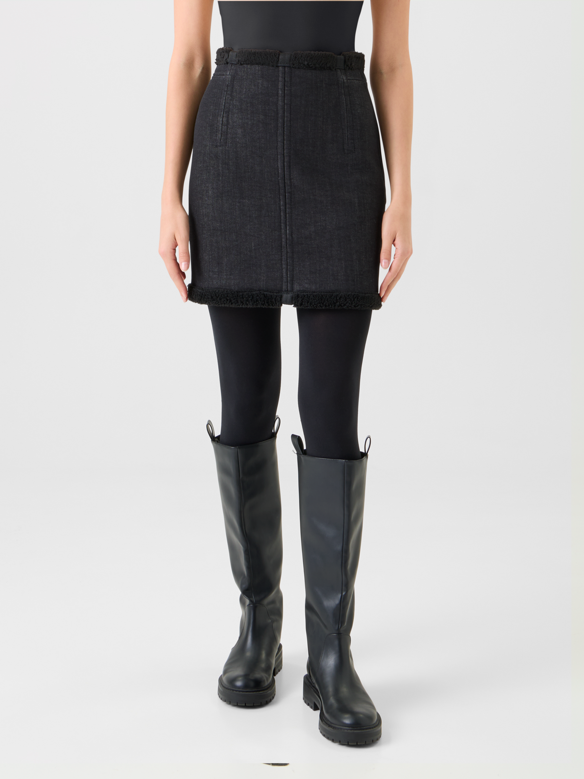 Designer Cotton Denim and Faux Shearling Mini Skirt - black - neutral #editorial