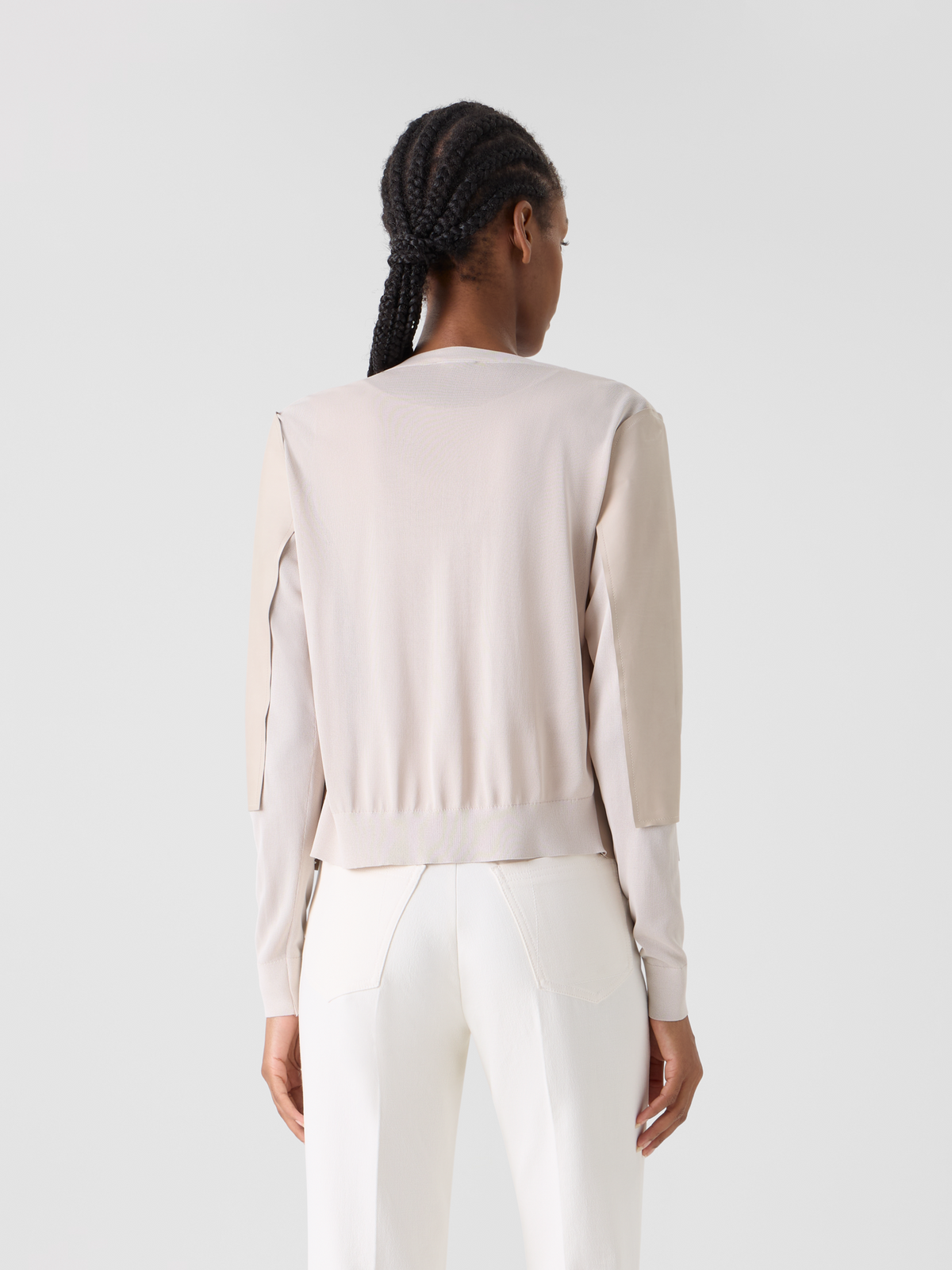 Designer Leather Panel Knit Cardigan with Sheer Back - neutral - beige #editorial
