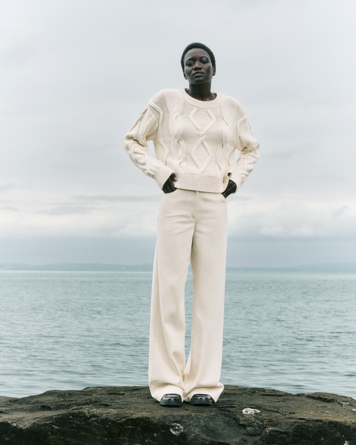 Designer Crew Neck Sweater in Chunky Cable Cotton - neutral - pastel - ecru - beige - white #editorial