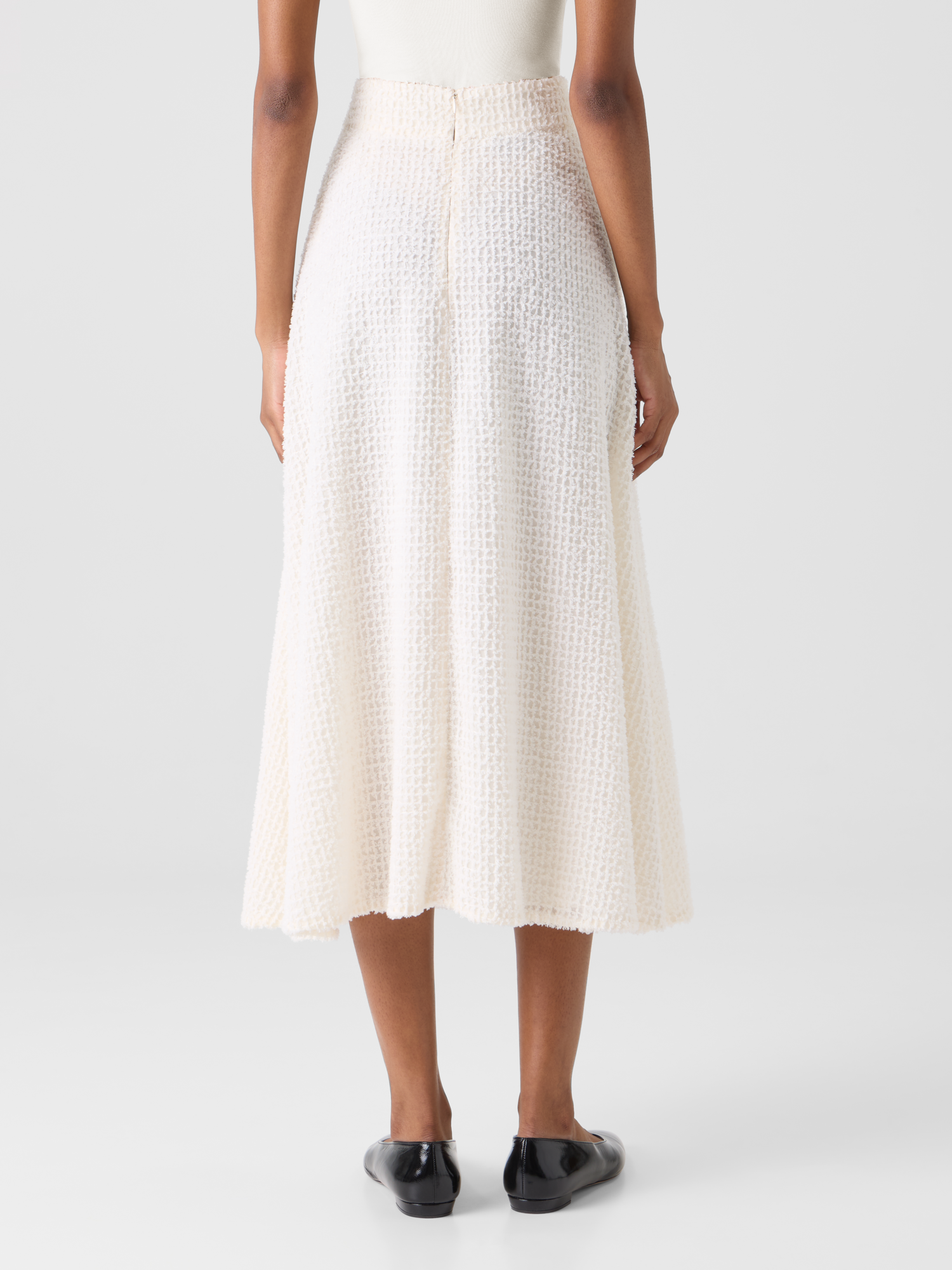 Designer Flared Midi Skirt in Fringed Grid - ecru