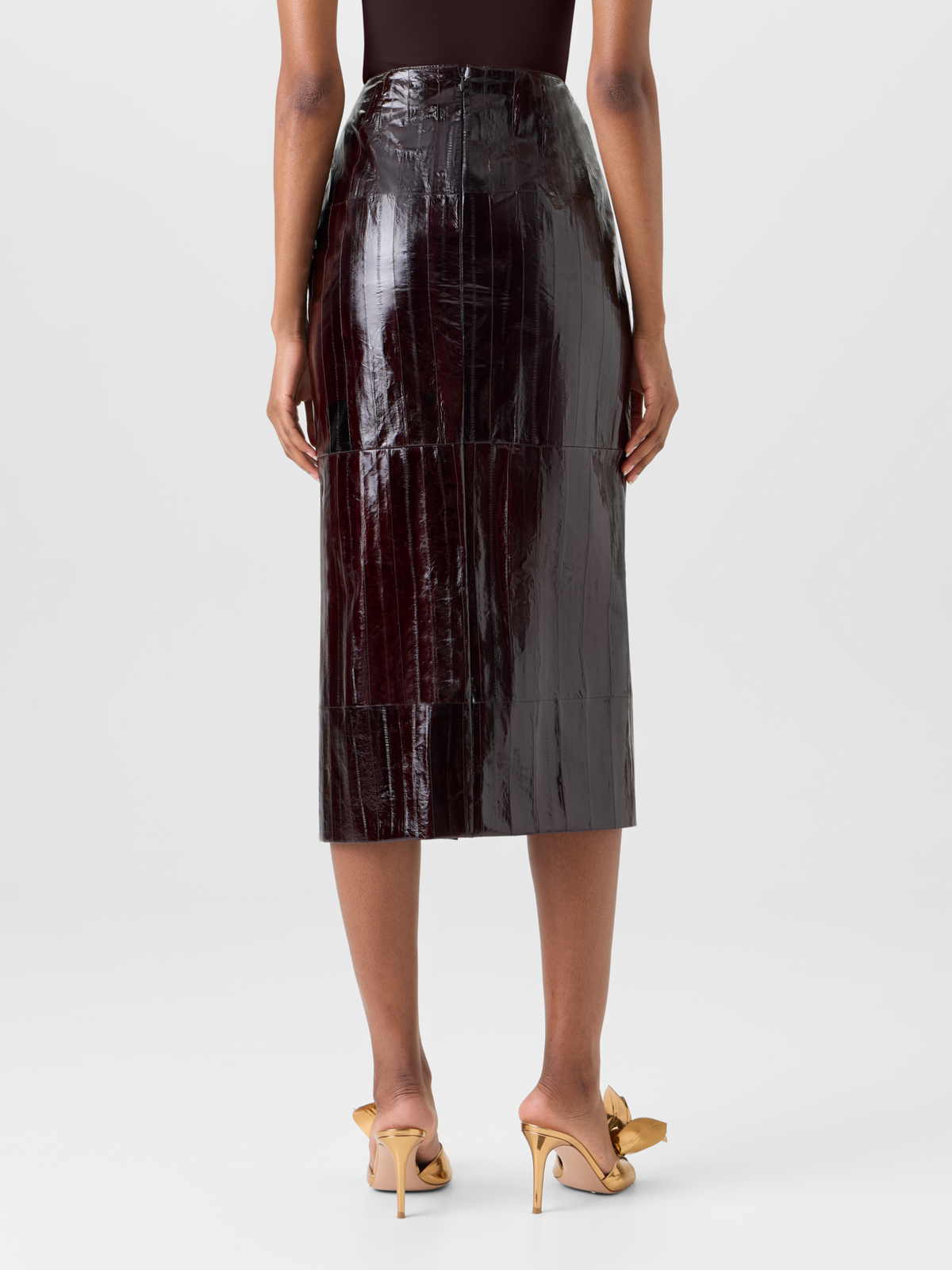 Designer Midi Pencil Skirt in Lacquered Eel Leather - brown #editorial