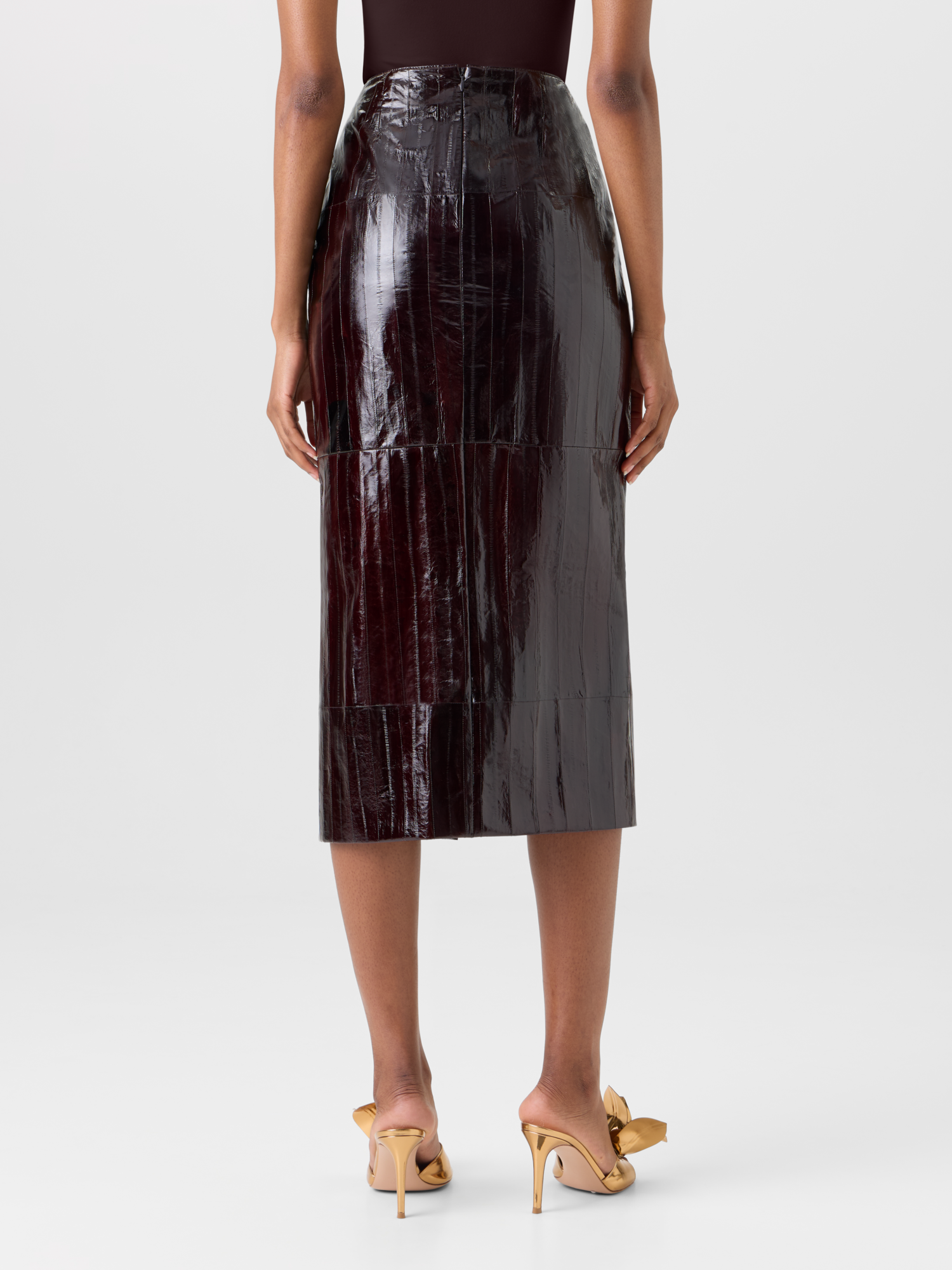 Designer Midi Pencil Skirt in Lacquered Eel Leather - brown 