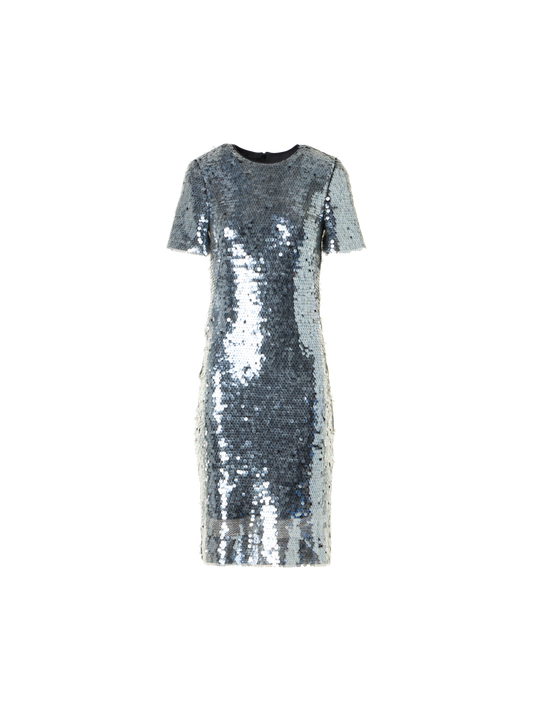 Designer Lucid Sequin Embroidered Tulle Sheath Dress - silver