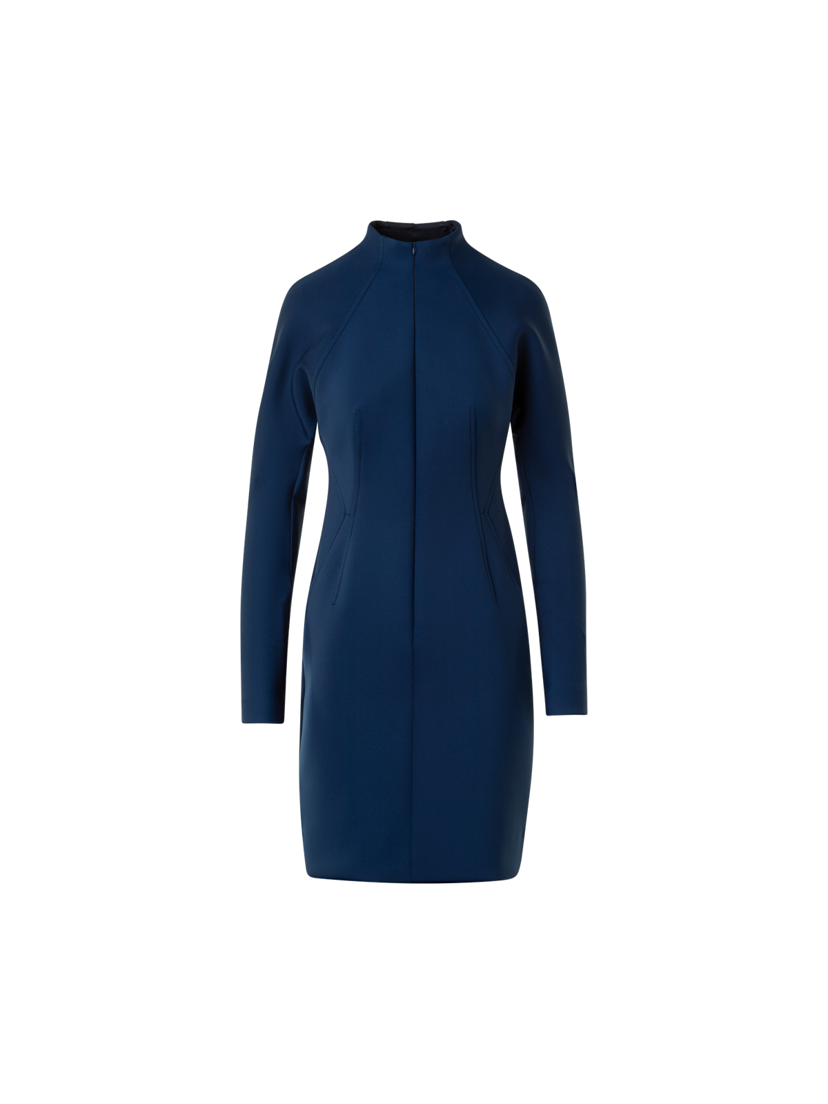Designer Short Fitted Mock Neck Dress in Techno Neoprene - neutral - navy - blue