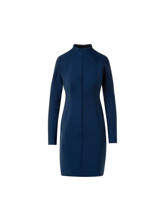 Designer Short Fitted Mock Neck Dress in Techno Neoprene - neutral - navy - blue