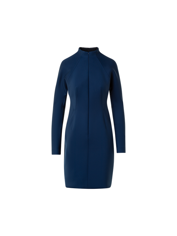 Designer Short Fitted Mock Neck Dress in Techno Neoprene - neutral - navy - blue