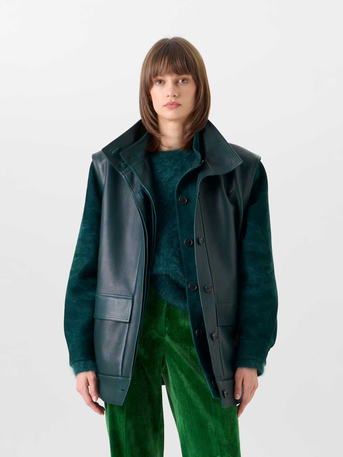 Designer Suede Blouson with Nappa Leather Gilet - green #editorial