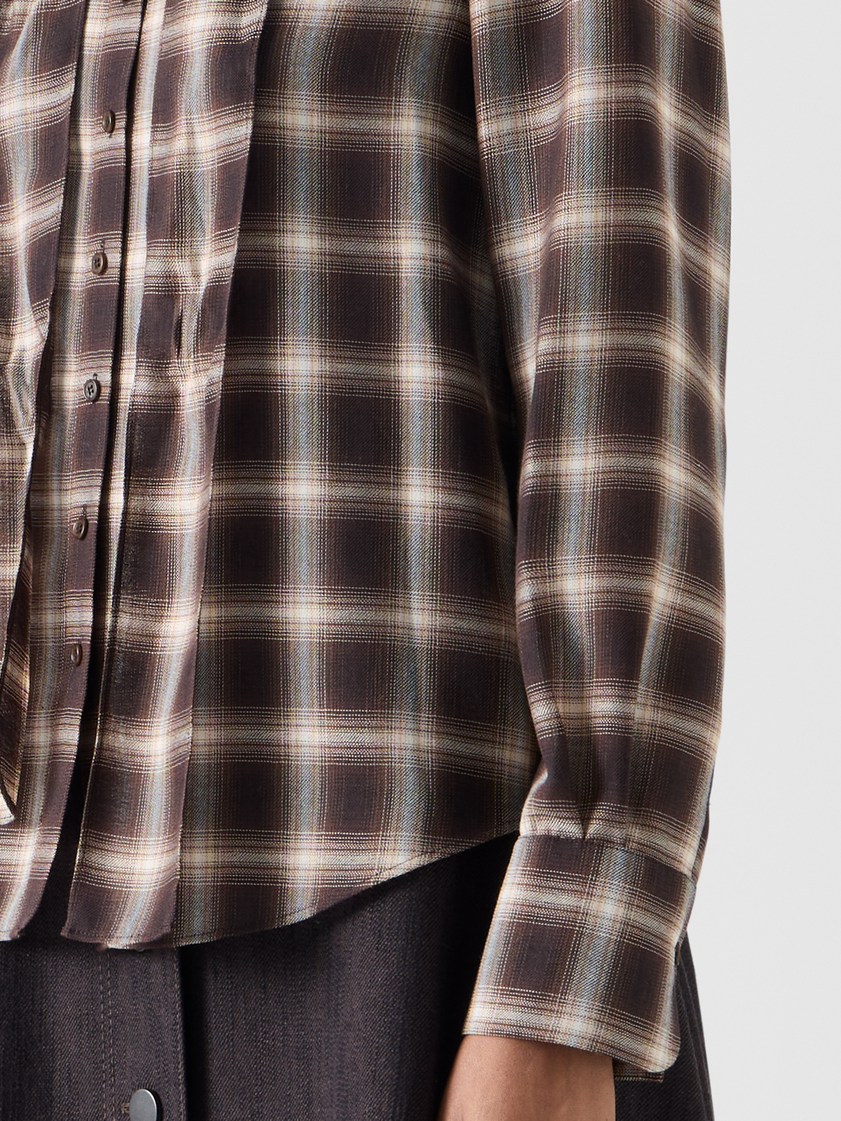 Designer Plaid Blouse in Wool Shelley with Bow Collar - brown - multicolor 
